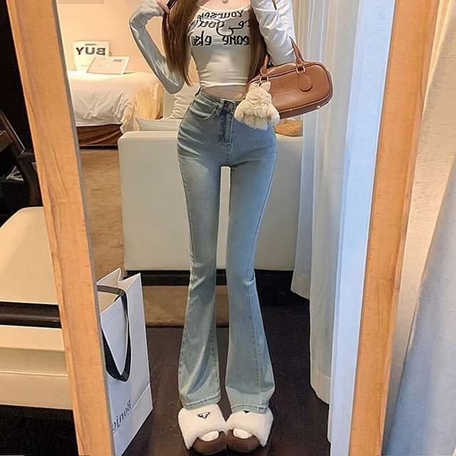 Wildfoea-High Rise Washed Flared Jeans