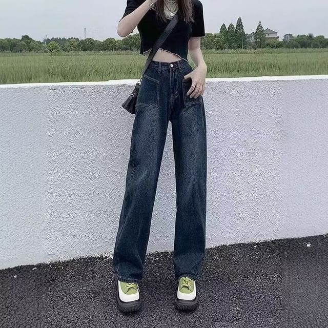 Wildfoea-High Rise Washed Straight Leg Jeans