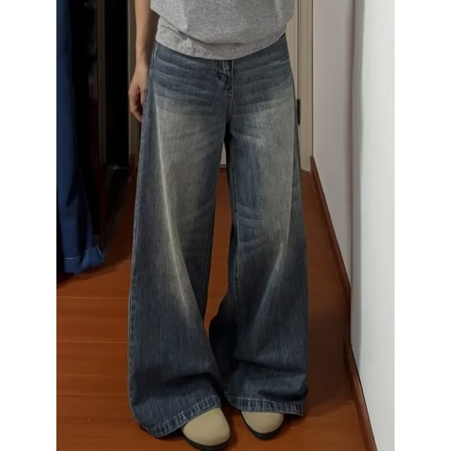 Wildfoea-High Rise Washed Wide Leg Jeans