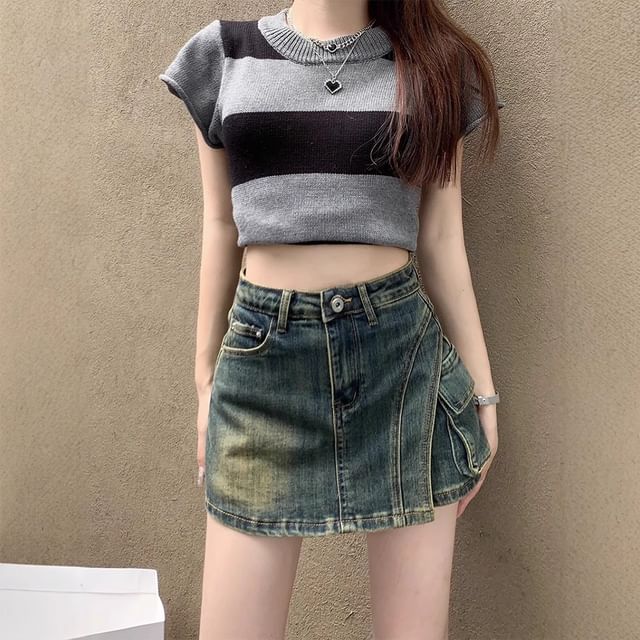 Wildfoea-High Waist Asymmetrical Denim Mini Pencil Skort