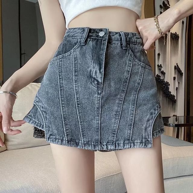 Wildfoea-High Waist Denim Mini A-Line Skort