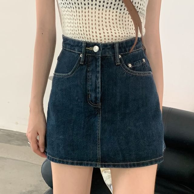Wildfoea-High Waist Denim Mini A-Line Skort