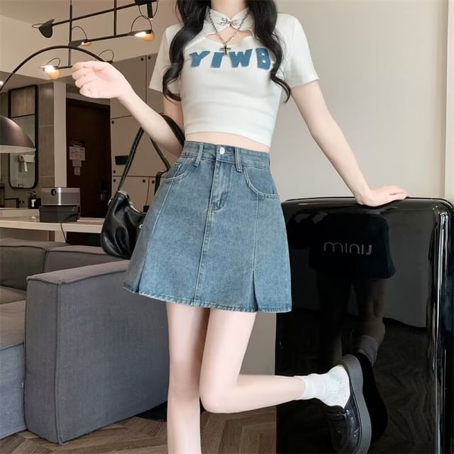 Wildfoea-High Waist Denim Mini Skirt
