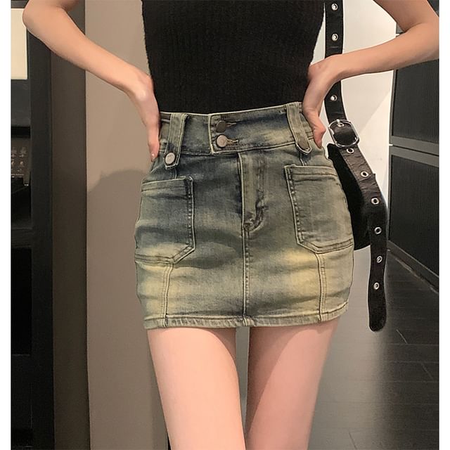Wildfoea-High Waist Denim Mini Skort