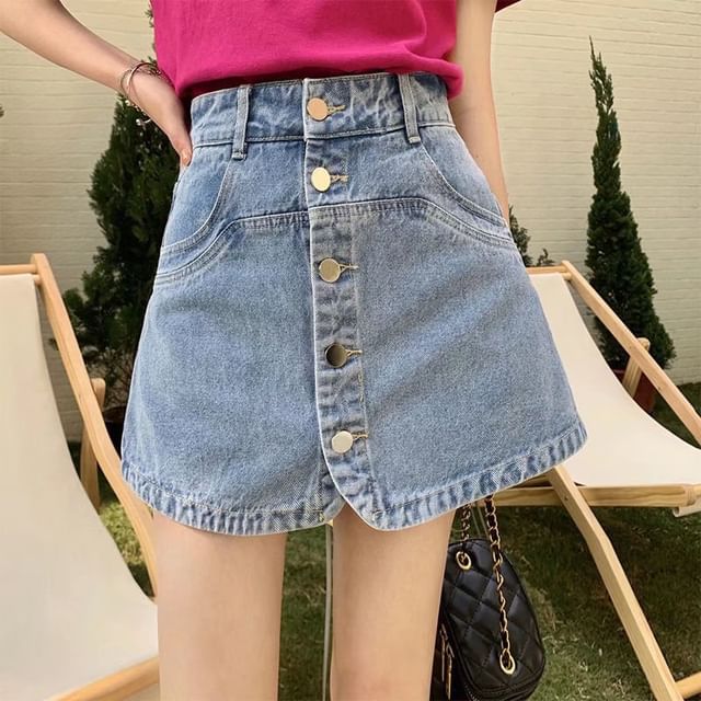 Wildfoea-High Waist Denim Mini Skort