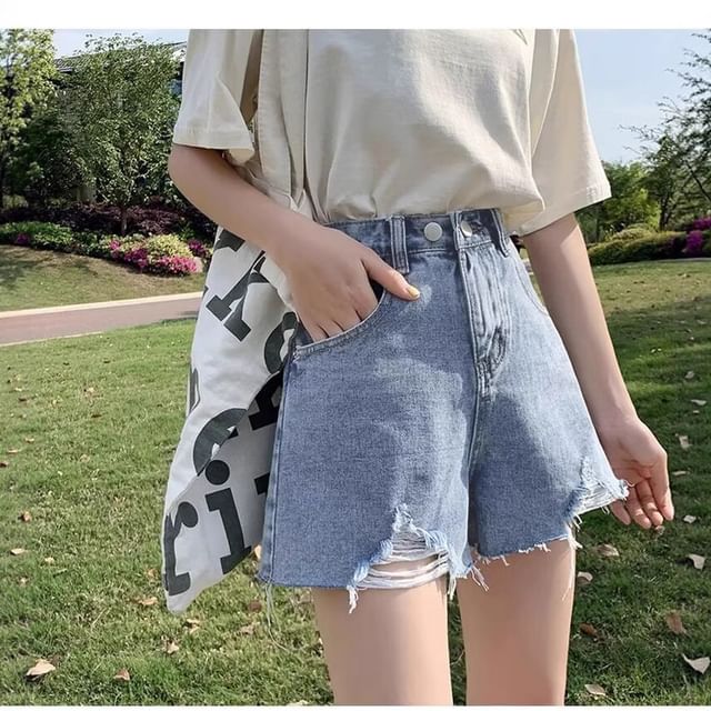 Wildfoea-High Waist Distressed Denim Shorts