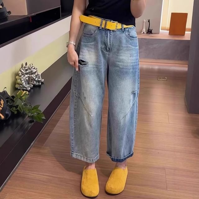Wildfoea-High Waist Distressed Harem Jeans