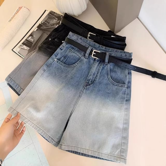Wildfoea-High Waist Gradient Washed Denim Shorts