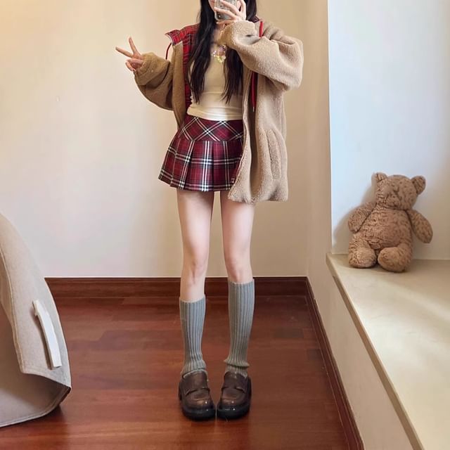 Wildfoea-High Waist Plaid Mini Pleated Skirt
