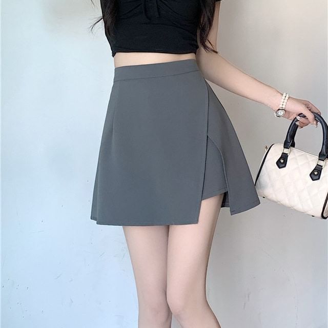 Wildfoea-High Waist Plain Asymmetrical Mini A-Line Skort