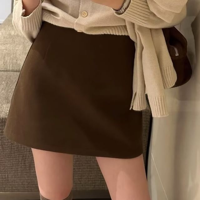 Wildfoea-High Waist Plain Mini A-Line Skirt