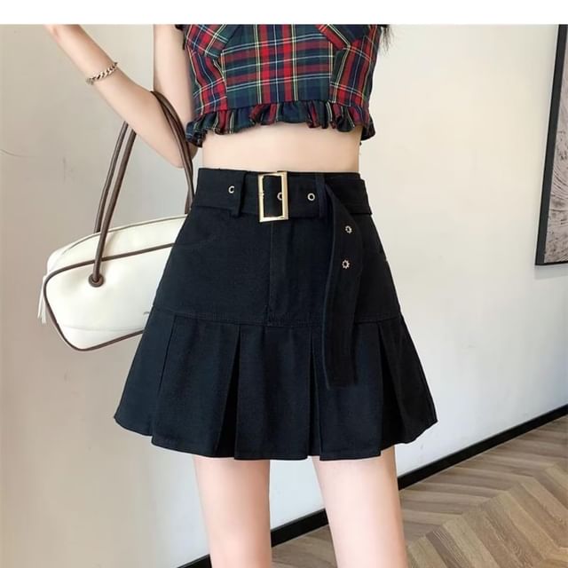 Wildfoea-High Waist Plain Pleated Mini A-Line Skirt