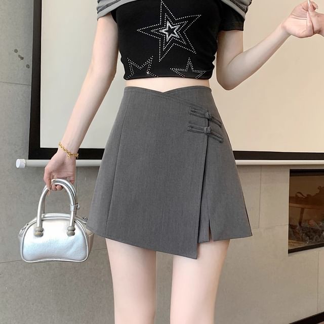Wildfoea-High Waist Plain Slit Asymmetrical Mini A-Line Skort