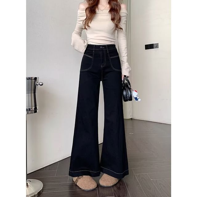 Wildfoea-High Waist Plain Wide Leg Jeans
