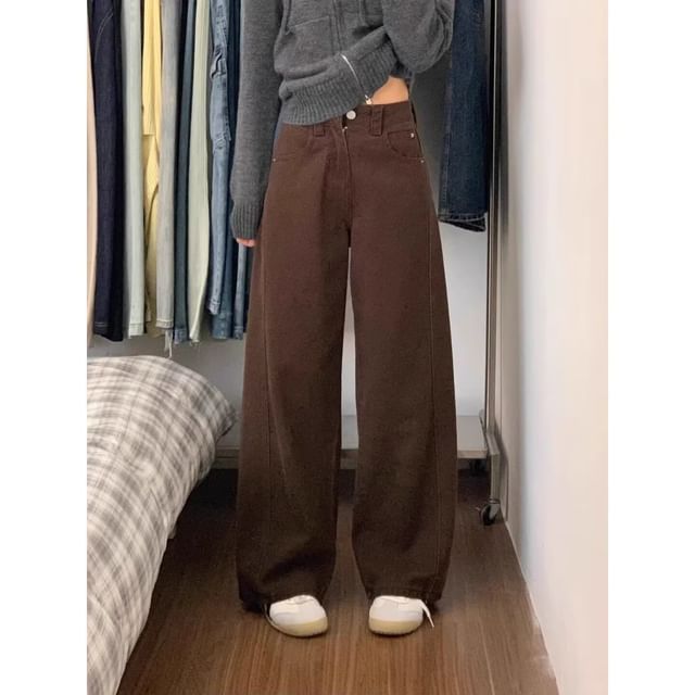 Wildfoea-High Waist Plain Wide Leg Jeans