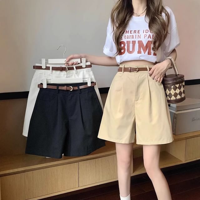 Wildfoea-High Waist Plain Wide Leg Shorts