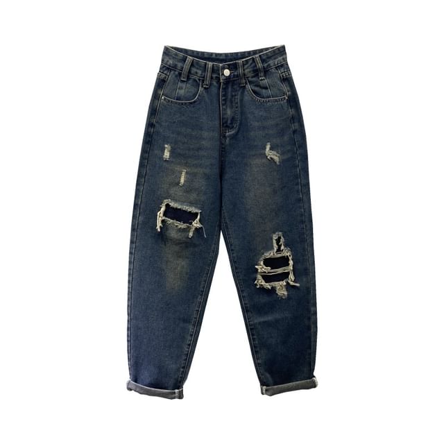 Wildfoea-High Waist Ripped Harem Jeans