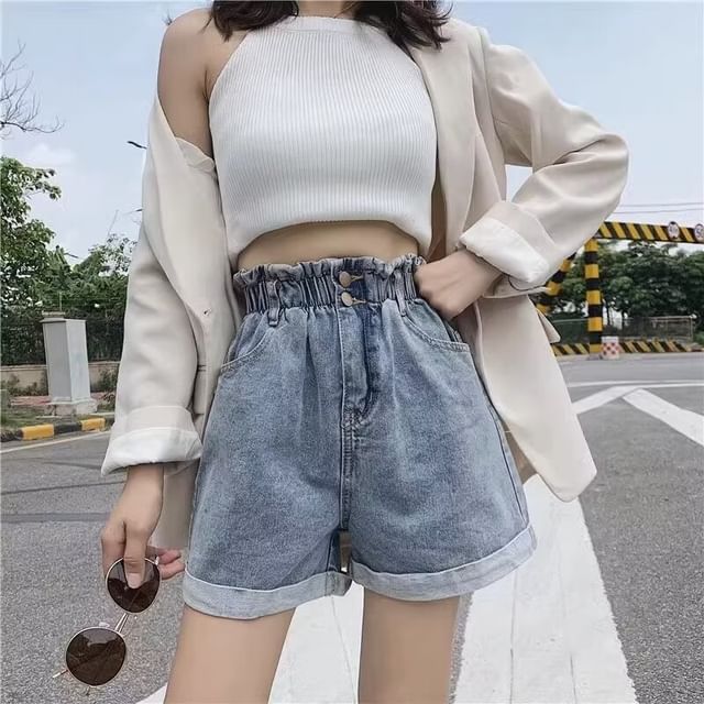 Wildfoea-High Waist Roll Up Denim Shorts
