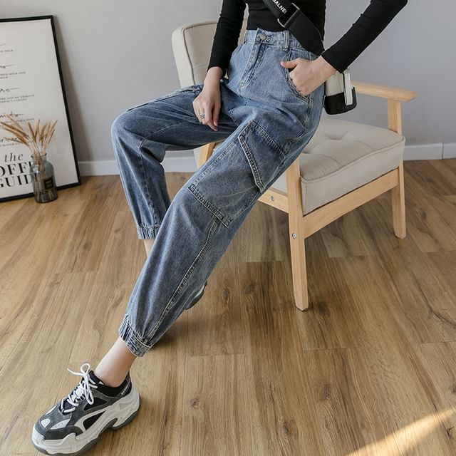 Wildfoea-High Waist Washed Cropped Harem Cargo Jeans