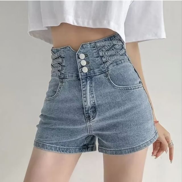 Wildfoea-High Waist Washed Denim Hot Pants