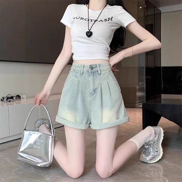 Wildfoea-High Waist Washed Denim Shorts