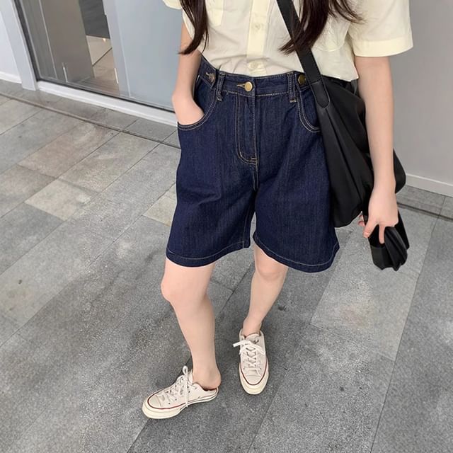 Wildfoea-High Waist Washed Denim Shorts