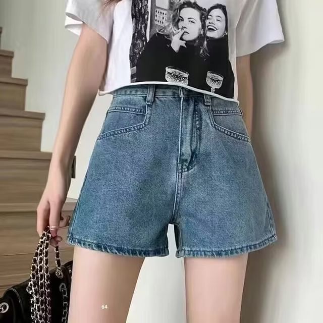 Wildfoea-High Waist Washed Denim Shorts