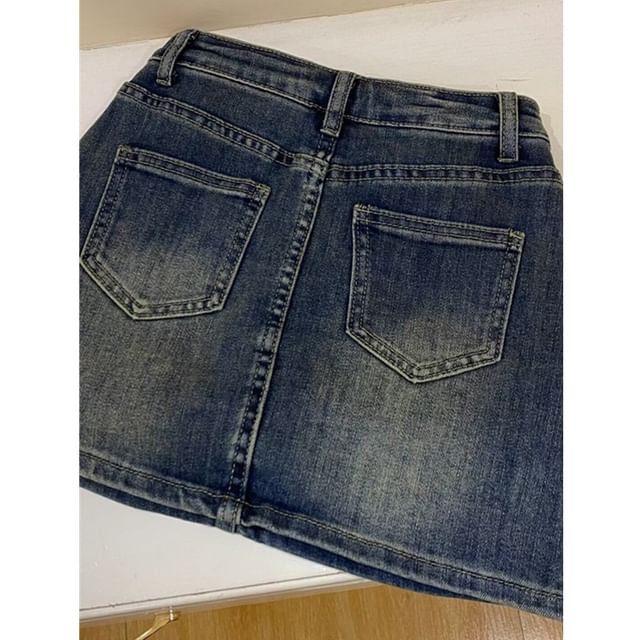 Wildfoea-High Waist Washed Denim Skorts