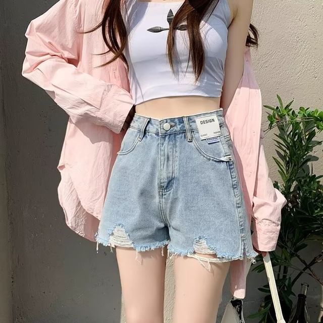 Wildfoea-High Waist Washed Distressed Denim Shorts