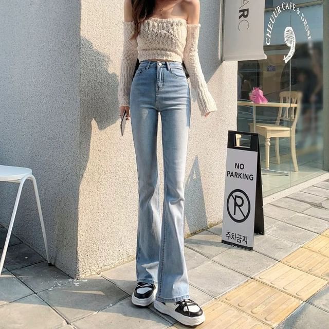 Wildfoea-High Waist Washed Flared Jeans