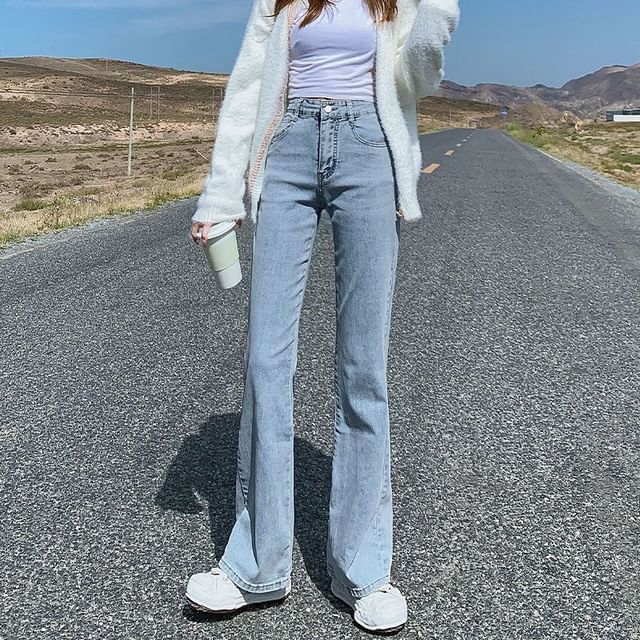 Wildfoea-High Waist Washed Flared Jeans