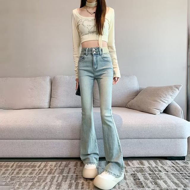Wildfoea-High Waist Washed Flared Jeans