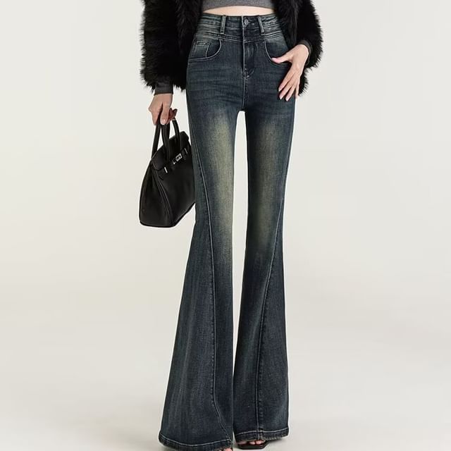 Wildfoea-High Waist Washed Flared Jeans