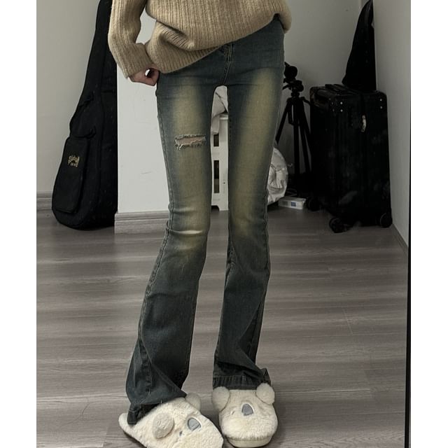 Wildfoea-High Waist Washed Ripped Flared Jeans