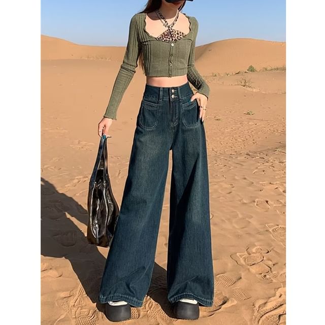 Wildfoea-High Waist Washed Wide Leg Jeans