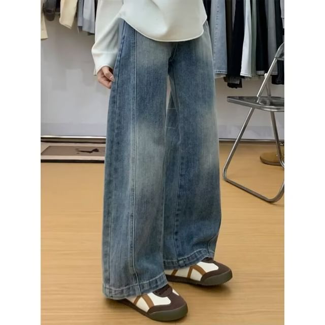 Wildfoea-High Waist Washed Wide Leg Jeans