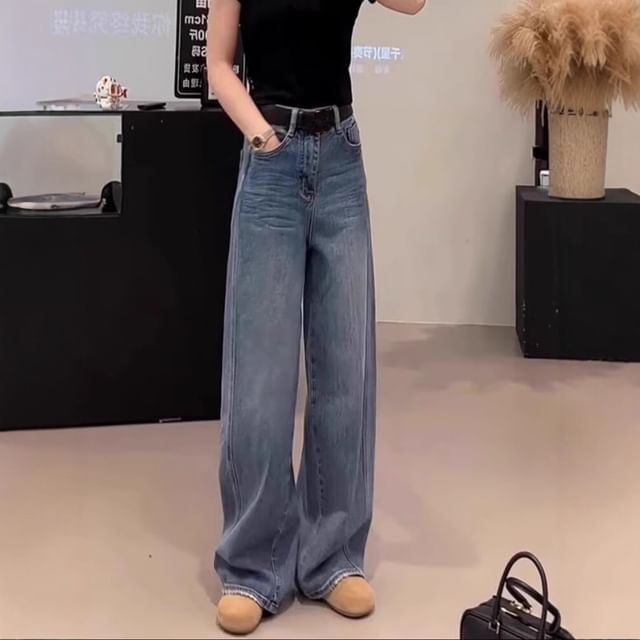 Wildfoea-High Waist Washed Wide Leg Jeans