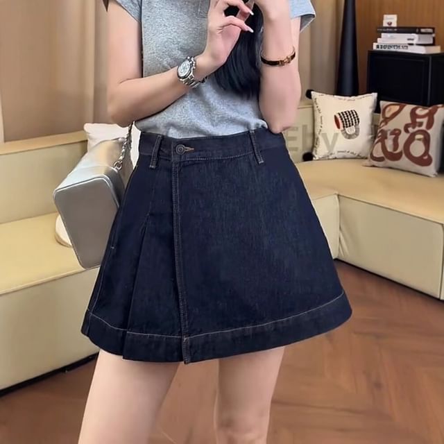 Wildfoea-Mid Rise Denim Wrap Mini A-Line Skirt
