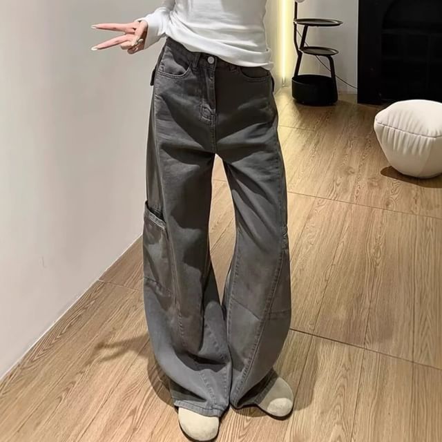 Wildfoea-Mid Rise Plain Baggy Cargo Jeans