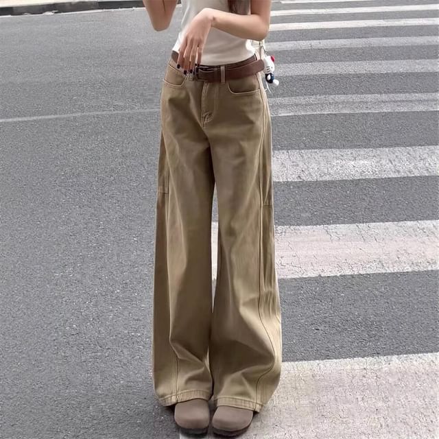 Wildfoea-Mid Rise Plain Baggy Jeans