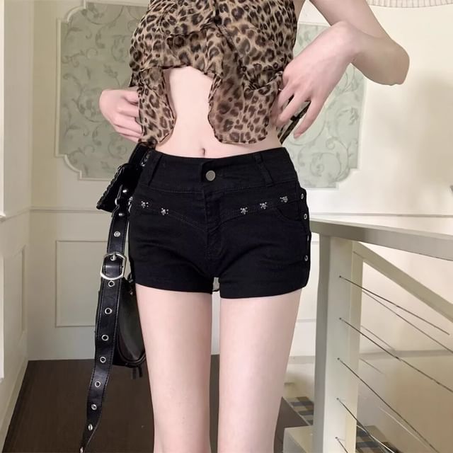 Wildfoea-Mid Rise Studded Denim Shorts