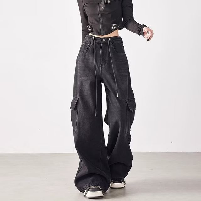 Wildfoea-Mid Rise Washed Baggy Cargo Jeans