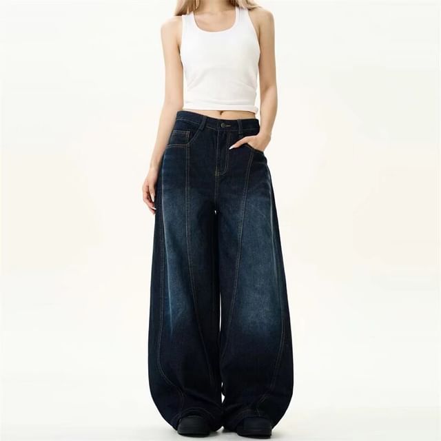 Wildfoea-Mid Rise Washed Baggy Jeans
