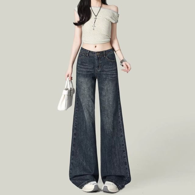 Wildfoea-Mid Rise Washed Baggy Jeans