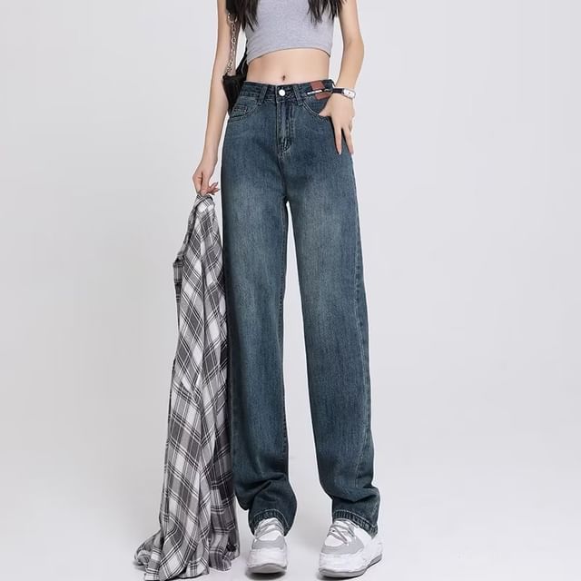 Wildfoea-Mid Rise Washed Loose Fit Jeans