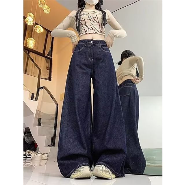 Wildfoea-Mid Waist Baggy Jeans