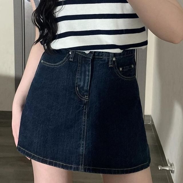 Wildfoea-Mid Waist Denim Mini Skirt