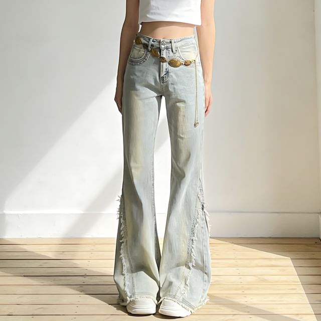 Wildfoea-Mid Waist Frayed Bootcut Jeans