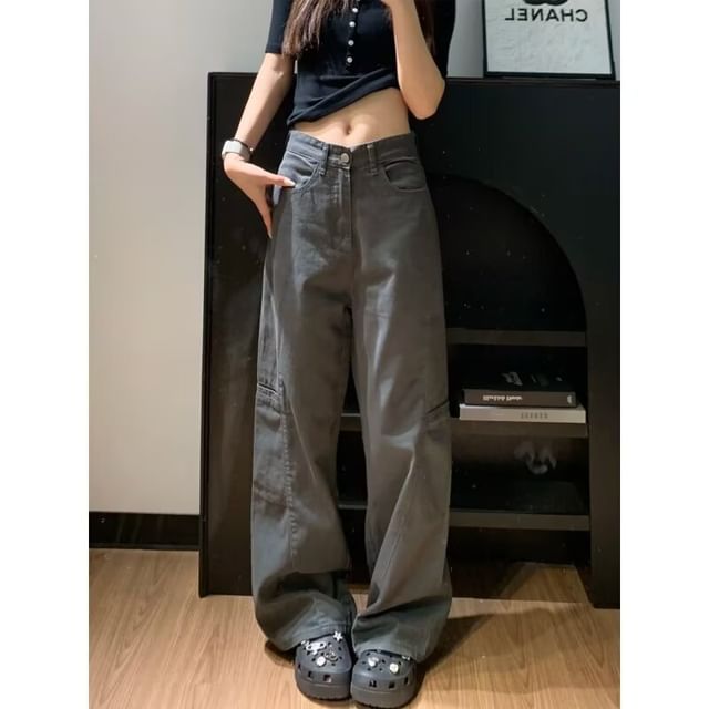 Wildfoea-Mid Waist Plain Baggy Cargo Jeans