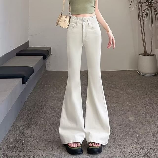 Wildfoea-Mid Waist Slim Fit Flared Jeans